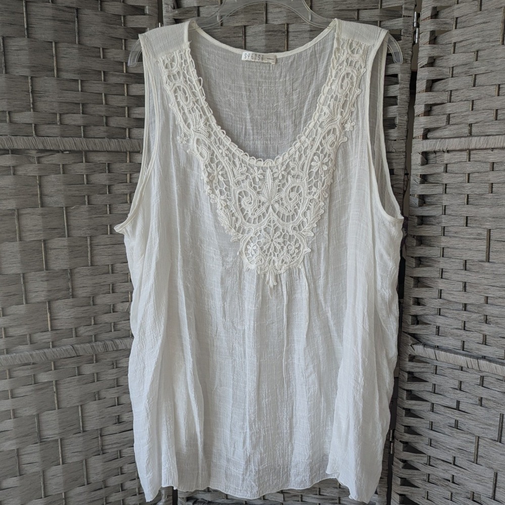 White Tank Top Semi Sheer Lace Crochet Bib Gauze Sleeveless 1X Cottagecore Boho